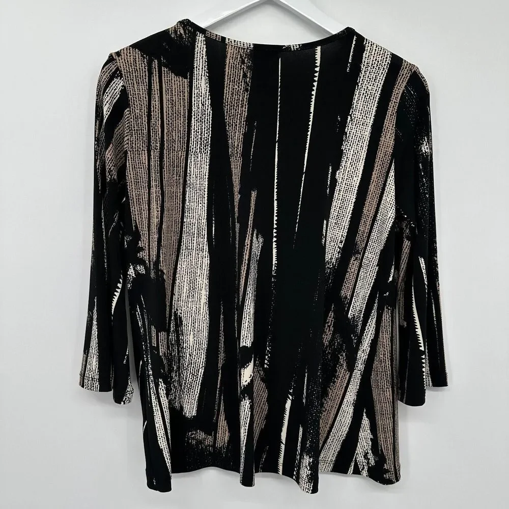 Clara Sun Woo Top Shirt Size XS Stretch Knit 3/4 Flare Sleeve Black Beige Blouse
